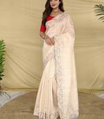 Cream Color Embroidery And Floral,Bird Parttern Work Silk Saree