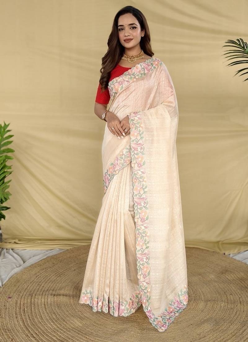 Cream Color Embroidery And Floral,Bird Parttern Work Silk Saree