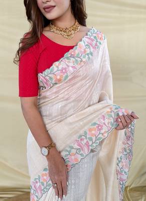 Cream Color Embroidery And Floral,Bird Parttern Work art silk saree 2