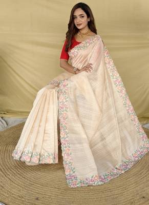 Cream Color Embroidery And Floral,Bird Parttern Work art silk saree 3