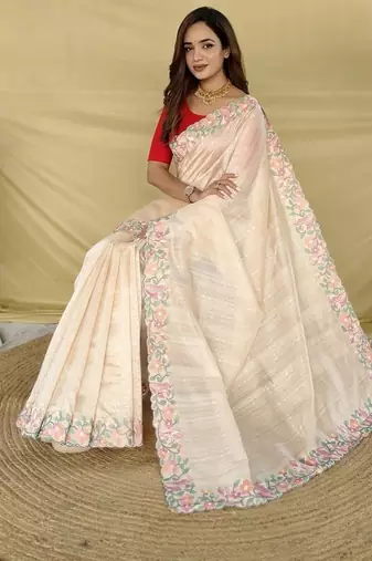 Cream Color Embroidery And Floral,Bird Parttern Work art silk saree