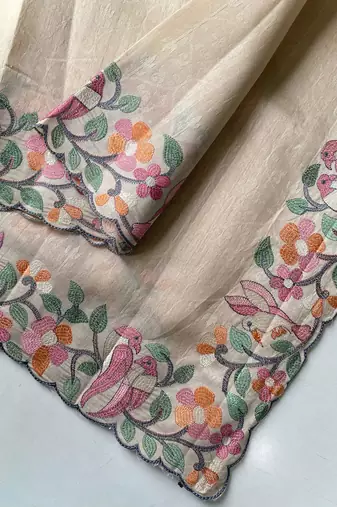 Cream Color Embroidery And Floral,Bird Parttern Work art silk saree