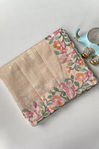 Cream Color Embroidery And Floral,Bird Parttern Work art silk saree