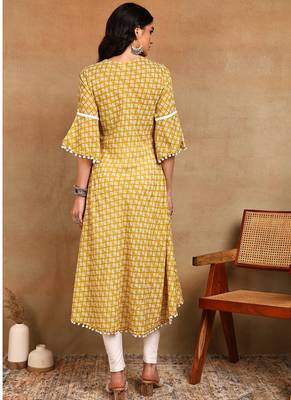 Women's poly cotton 3/4 sleeve anarkali kurti with pom pom lace & embroidery (yellow) 2