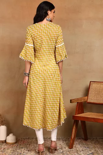Women's poly cotton 3/4 sleeve anarkali kurti with pom pom lace & embroidery (yellow)