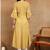 Women's poly cotton 3/4 sleeve anarkali kurti with pom pom lace & embroidery (yellow)