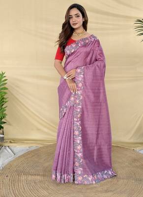 Purple Color Embroidery And Floral,Bird Parttern Work art silk saree 1