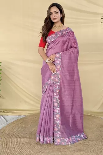 Purple Color Embroidery And Floral,Bird Parttern Work Silk Saree