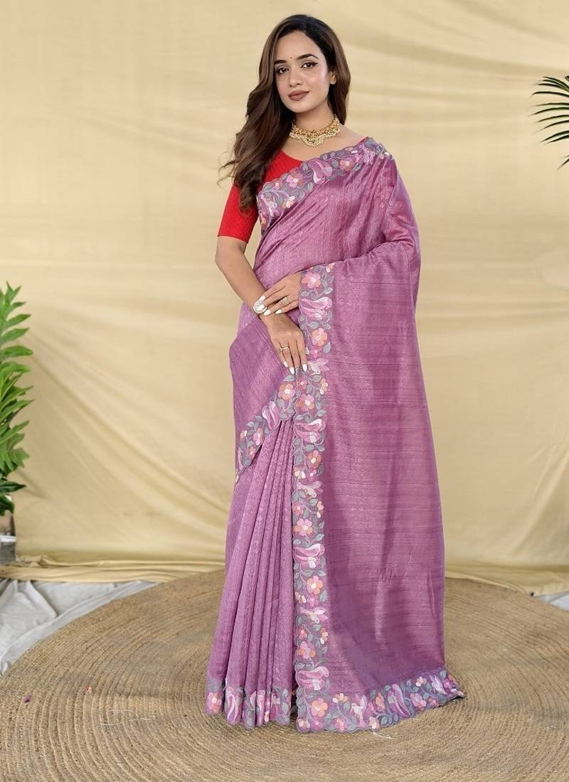 Purple Color Embroidery And Floral,Bird Parttern Work Silk Saree