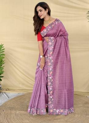 Purple Color Embroidery And Floral,Bird Parttern Work art silk saree 2