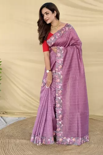 Purple Color Embroidery And Floral,Bird Parttern Work art silk saree