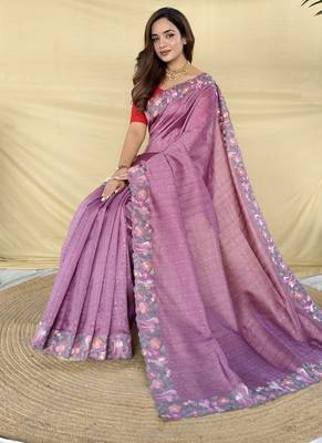 Purple Color Embroidery And Floral,Bird Parttern Work art silk saree 3