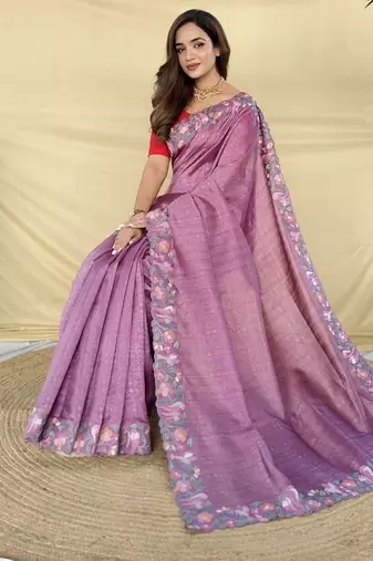 Purple Color Embroidery And Floral,Bird Parttern Work art silk saree