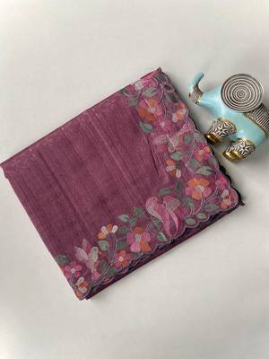 Purple Color Embroidery And Floral,Bird Parttern Work art silk saree 4