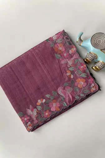 Purple Color Embroidery And Floral,Bird Parttern Work art silk saree