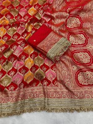 red satin silk saree with zari weaving border work 2