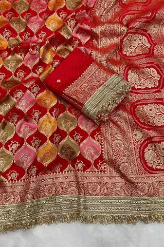 red satin silk saree with zari weaving border work
