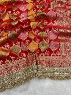 red satin silk saree with zari weaving border work 3