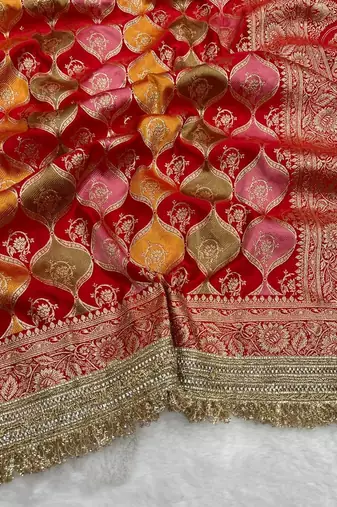 red satin silk saree with zari weaving border work