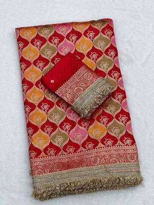 red satin silk saree with zari weaving border work 4