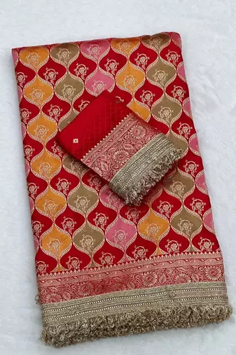 red satin silk saree with zari weaving border work