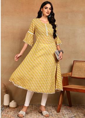 Women's poly cotton 3/4 sleeve anarkali kurti with pom pom lace & embroidery (yellow) 3