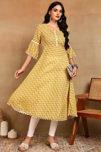 Women's poly cotton 3/4 sleeve anarkali kurti with pom pom lace & embroidery (yellow)