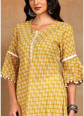 Women's poly cotton 3/4 sleeve anarkali kurti with pom pom lace & embroidery (yellow) 4