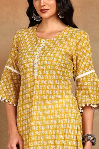 Women's poly cotton 3/4 sleeve anarkali kurti with pom pom lace & embroidery (yellow)