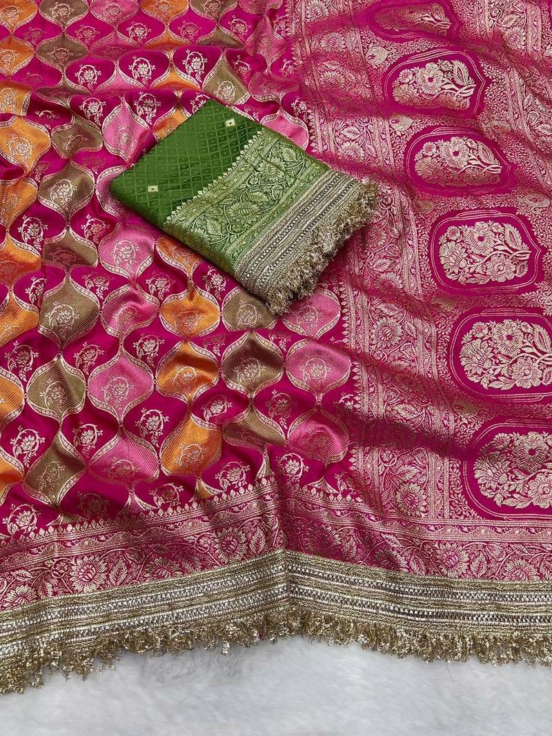 Rani Pink Color Zari Weaving Work  Satin Silk Saree