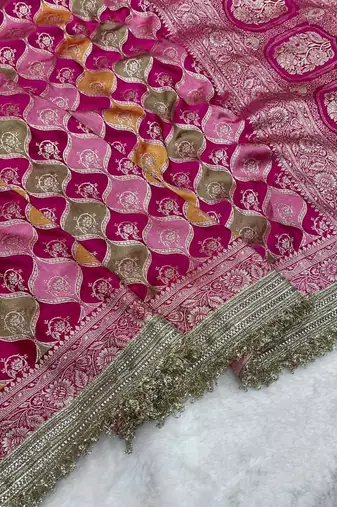 rani pink satin silk saree with zari weaving border work