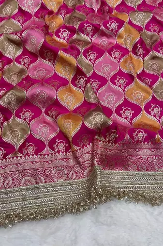 rani pink satin silk saree with zari weaving border work