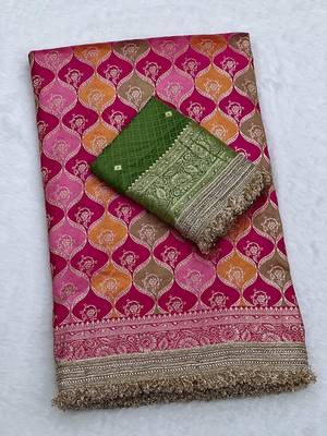 rani pink satin silk saree with zari weaving border work 4