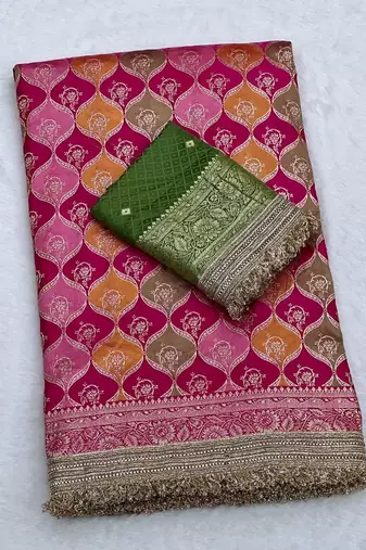 rani pink satin silk saree with zari weaving border work
