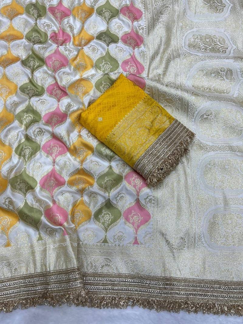 White Color Zari Weaving Work  Satin Silk Saree