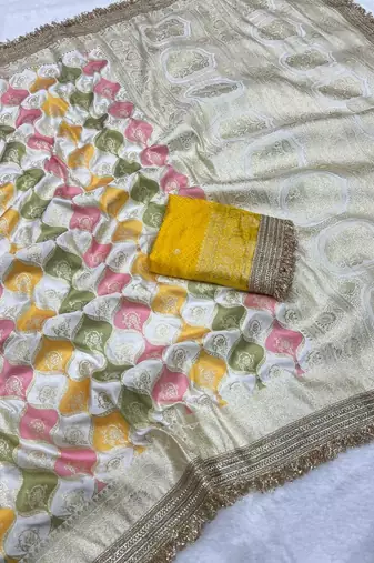white satin silk saree with zari weaving jaipuri border