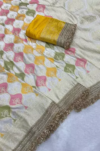white satin silk saree with zari weaving jaipuri border