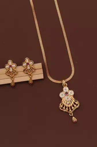 gold brass pendant earrings set with ad stone work jewelry
