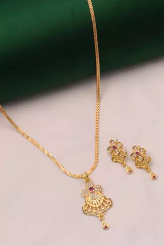 gold brass pendant earrings set with ad stone work jewelry