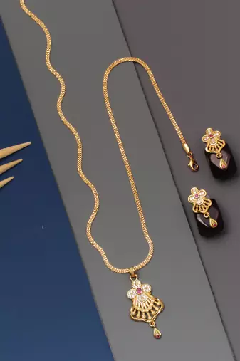 gold brass pendant earrings set with ad stone work jewelry