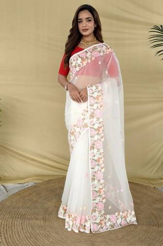 White Color Embroidery Work And Chifon Saree