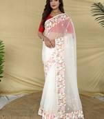 White Embroidery Work And Chifon Saree
