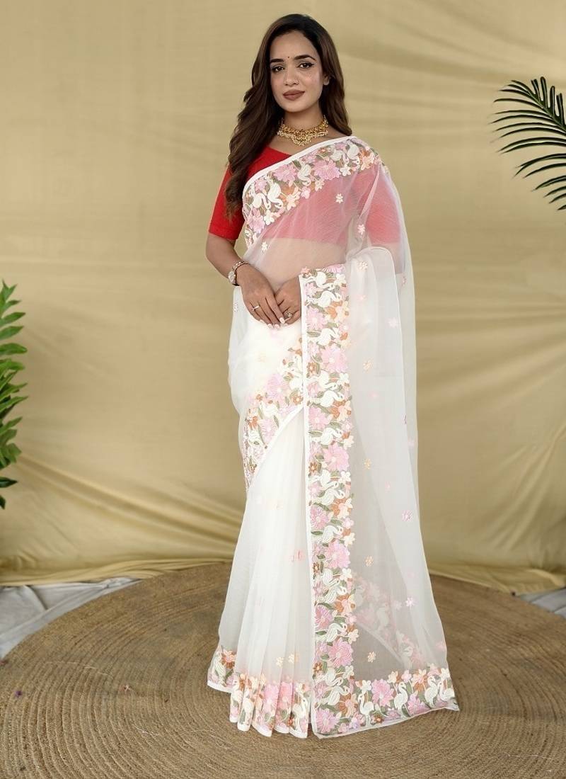 White Color Embroidery Work And Chifon Saree
