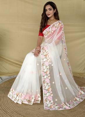 White Color Embroidery Work And Chifon Saree 3