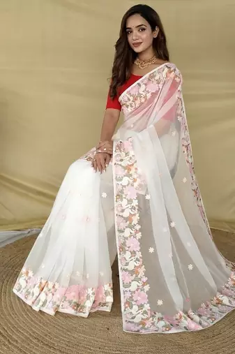 White Color Embroidery Work And Chifon Saree