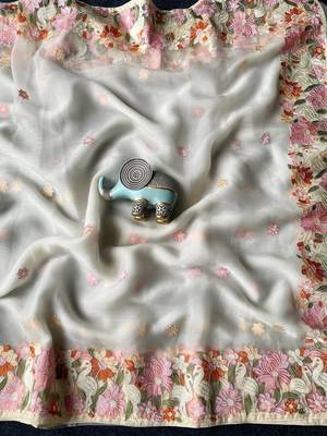 White Color Embroidery Work And Chifon Saree 4