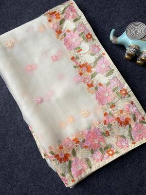 White Color Embroidery Work And Chifon Saree 5