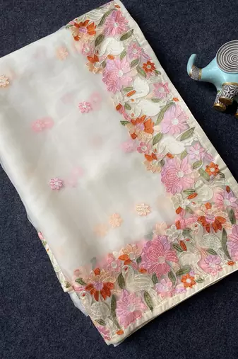 White Color Embroidery Work And Chifon Saree