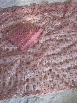 pink net saree with embroidery sequins beads moti work 2