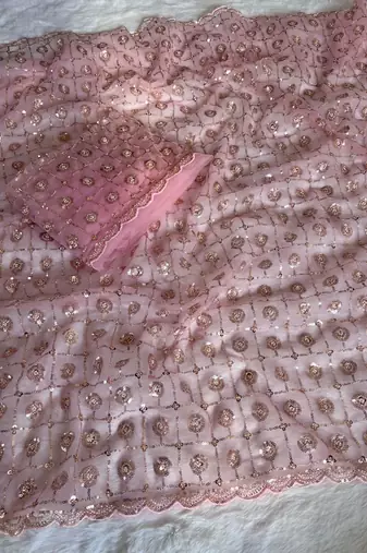 pink net saree with embroidery sequins beads moti work